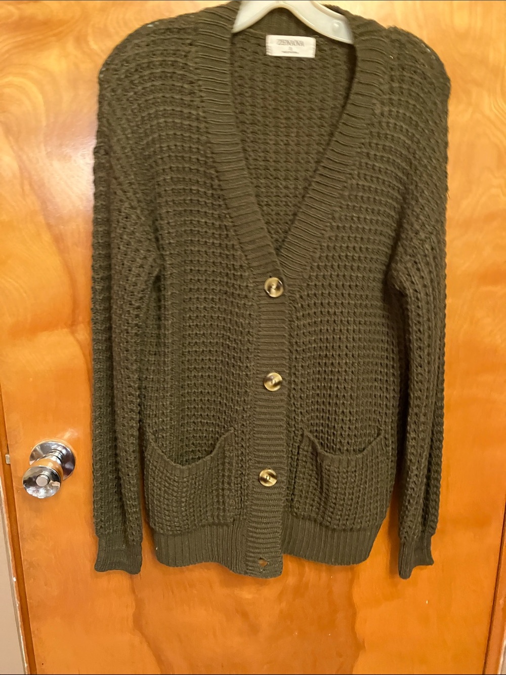 Zenana Outfitters Olive Green Open Waffle Knit Button Cardigan. Size S. NWOT